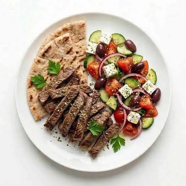 Greek olive and oregano beef with whole wheat pita